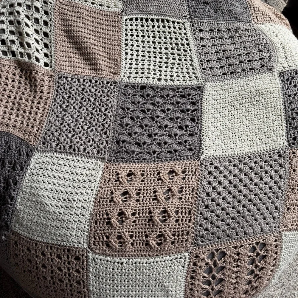 Handmade‎ Crochet Patchwork Blanket Neutral Taupe Grey Cream Throw 62x55 Soft